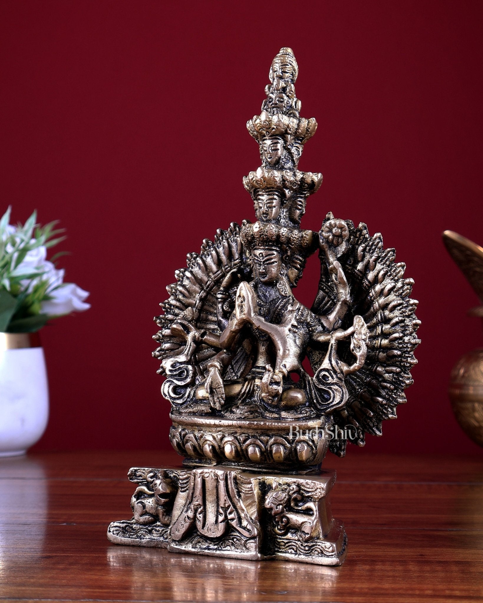 Brass Seated Avalokiteshvara with Many Heads and Hands 9 inch - Budhshiv.com
