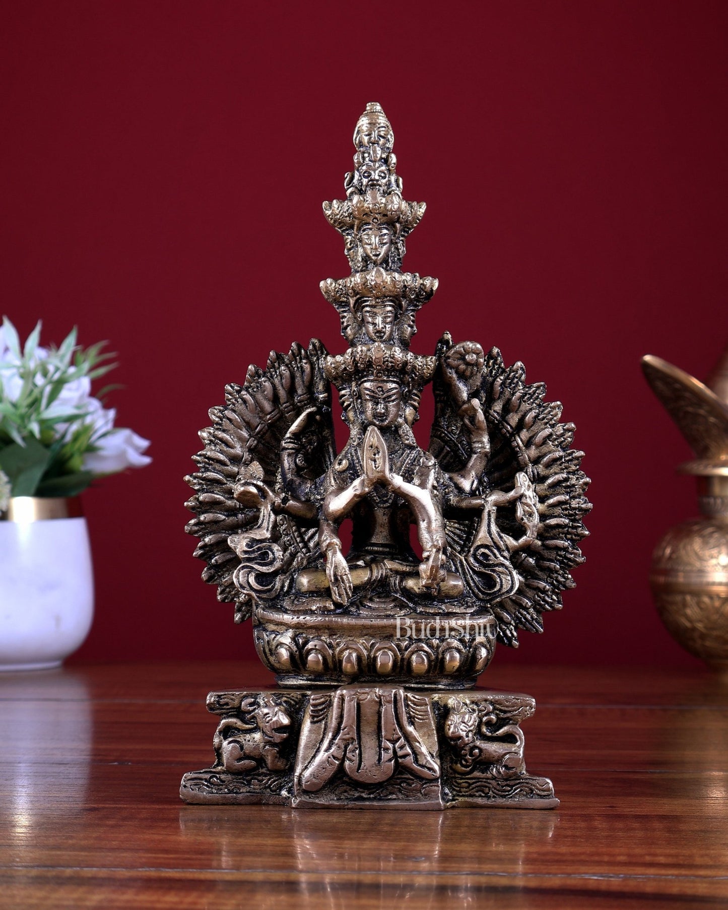 Brass Seated Avalokiteshvara with Many Heads and Hands 9 inch - Budhshiv.com