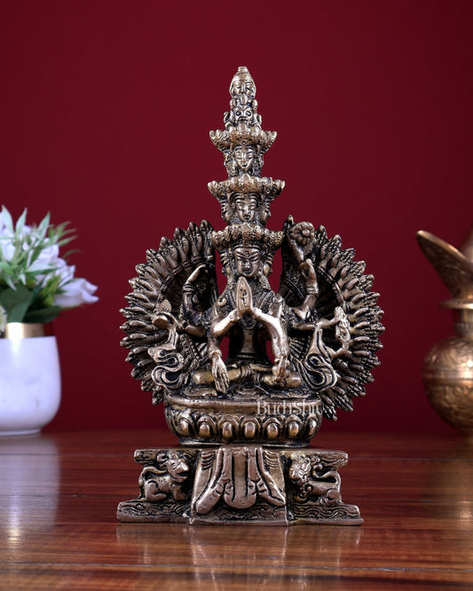 Brass Seated Avalokiteshvara with Many Heads and Hands 9 inch - Budhshiv.com