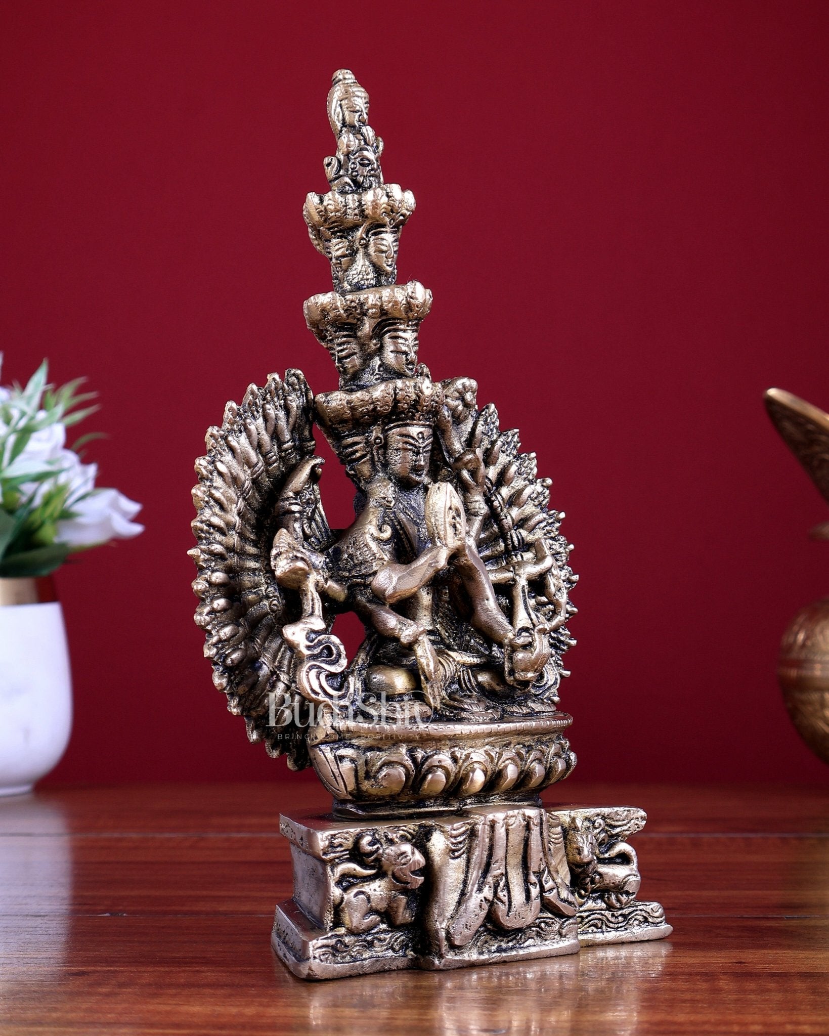 Brass Seated Avalokiteshvara with Many Heads and Hands 9 inch - Budhshiv.com