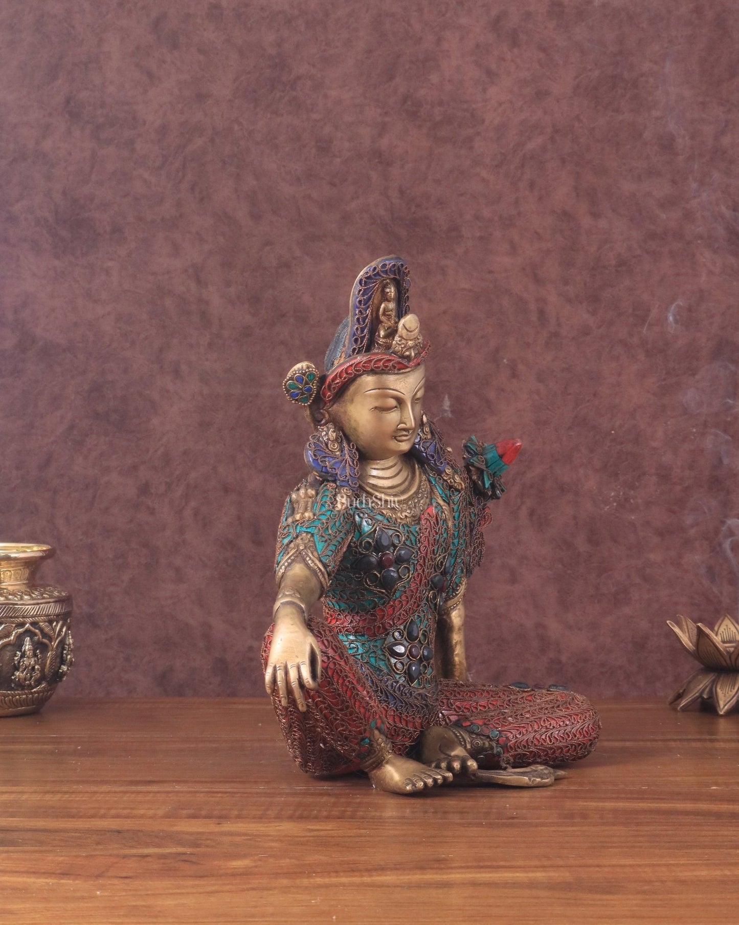 Brass Seated Indra Statue with Nepalese Copper Wire Inlay - 12" - Budhshiv.com