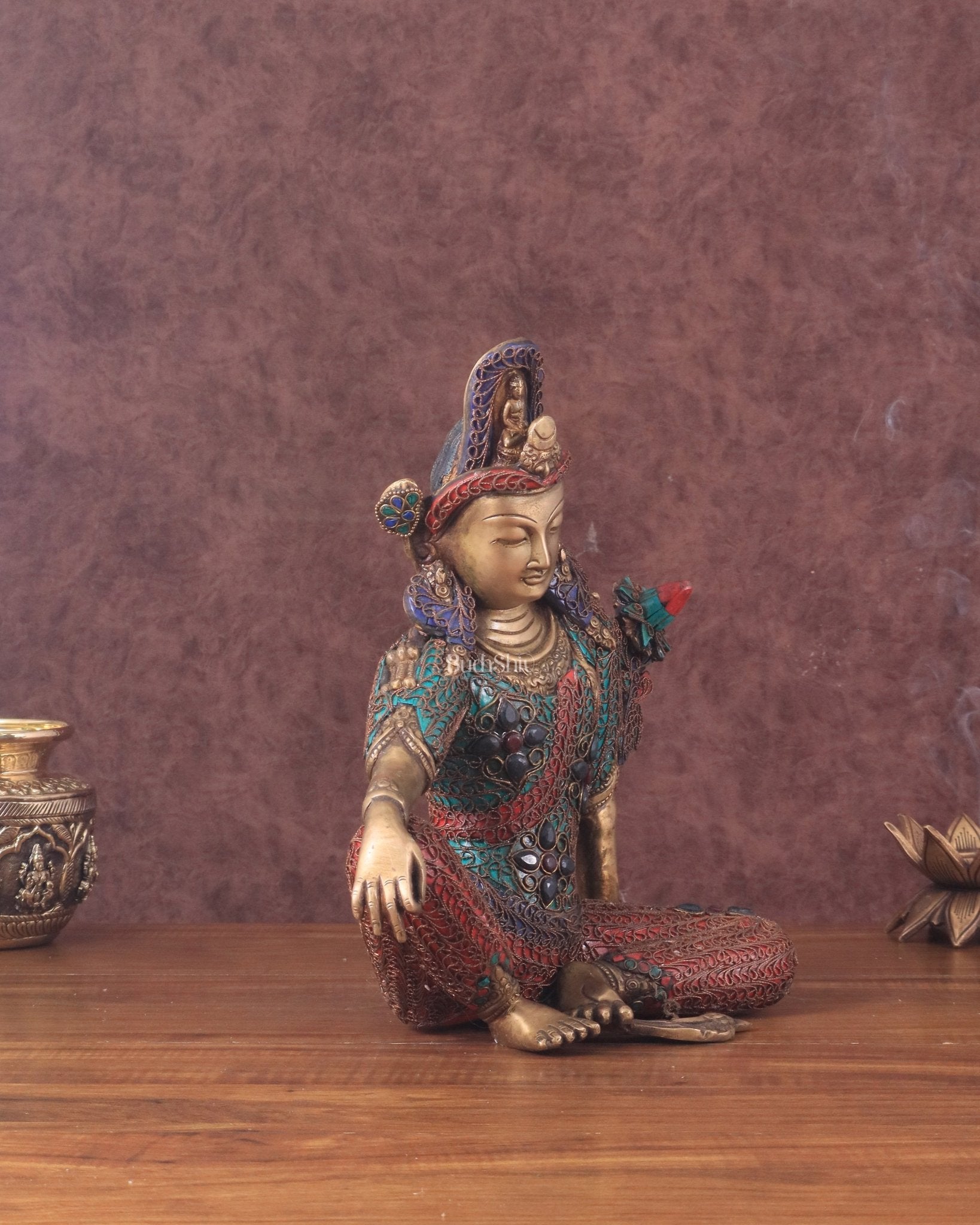 Brass Seated Indra Statue with Nepalese Copper Wire Inlay - 12" - Budhshiv.com