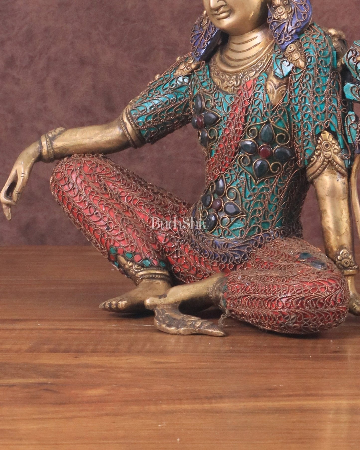 Brass Seated Indra Statue with Nepalese Copper Wire Inlay - 12" - Budhshiv.com