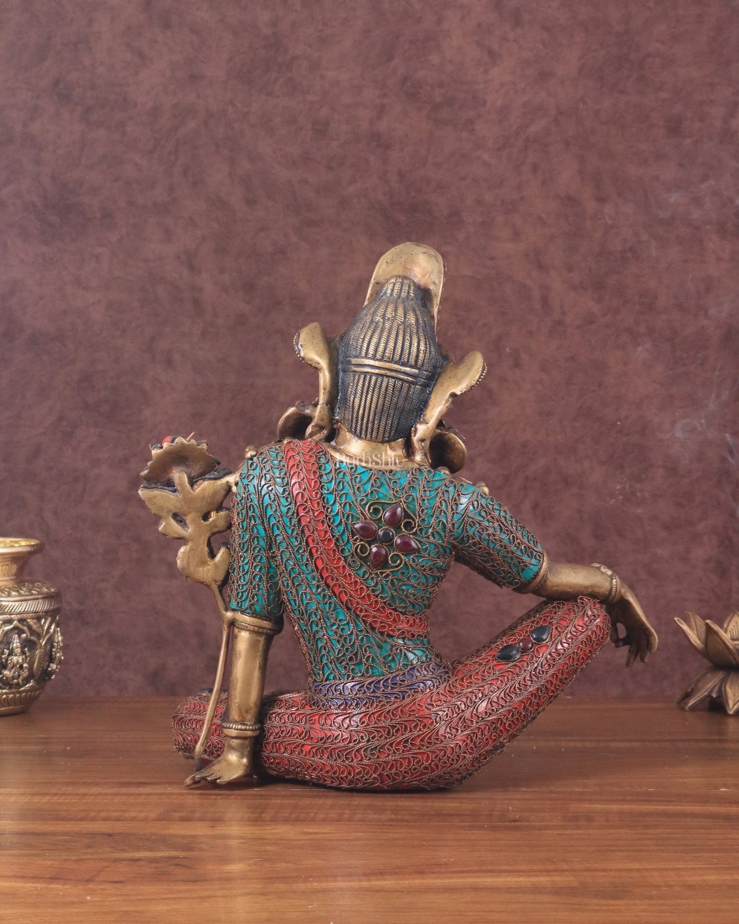 Brass Seated Indra Statue with Nepalese Copper Wire Inlay - 12" - Budhshiv.com