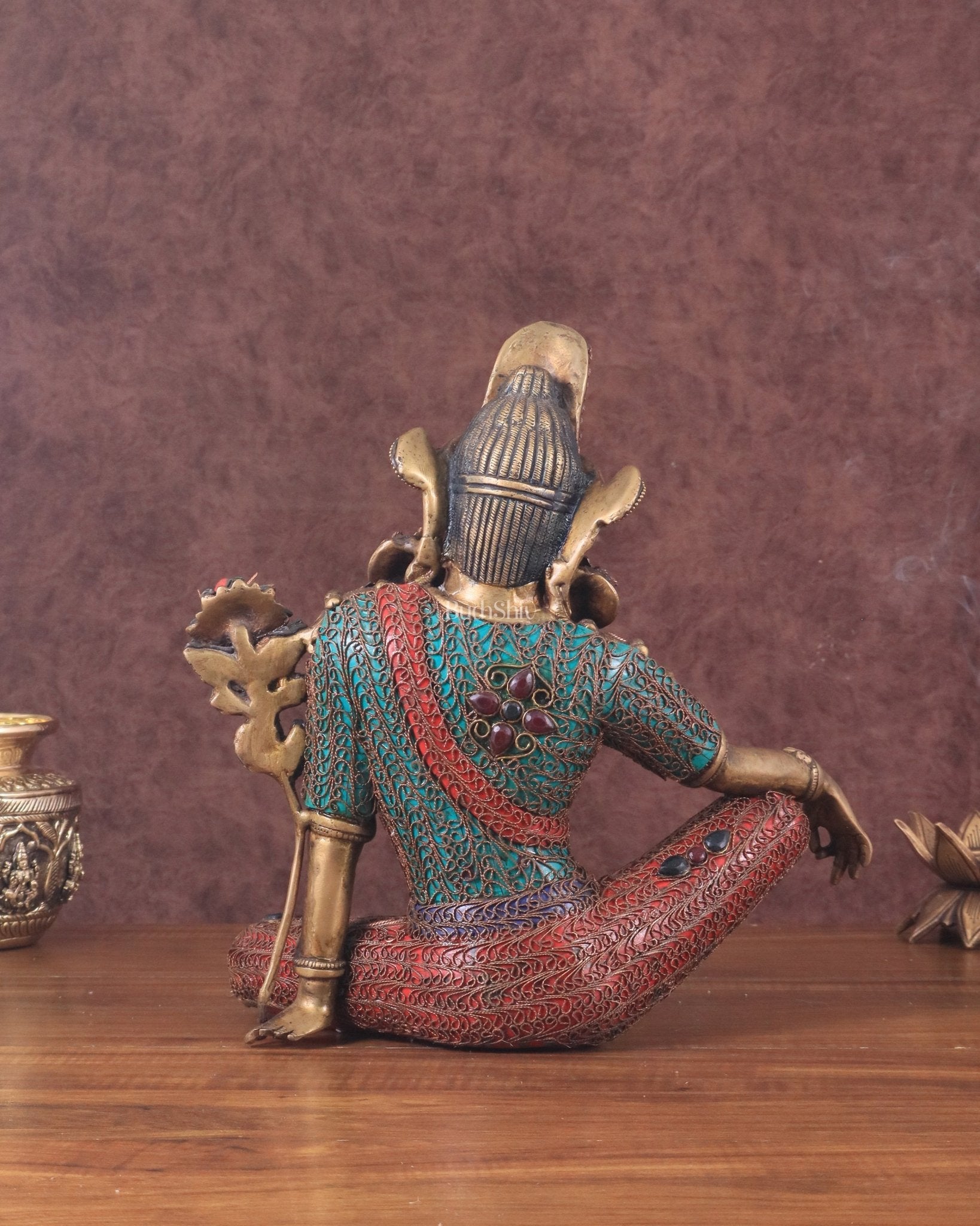 Brass Seated Indra Statue with Nepalese Copper Wire Inlay - 12" - Budhshiv.com