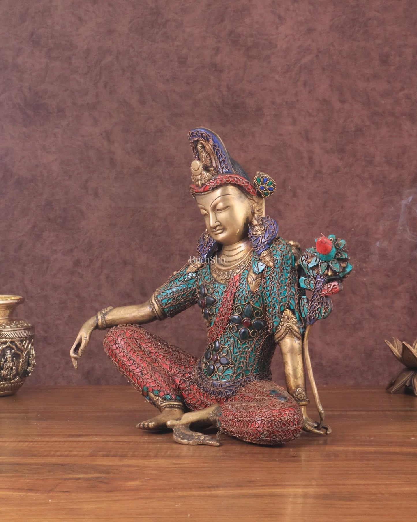 Brass Seated Indra Statue with Nepalese Copper Wire Inlay - 12" - Budhshiv.com
