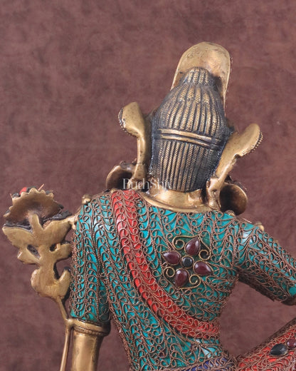 Brass Seated Indra Statue with Nepalese Copper Wire Inlay - 12" - Budhshiv.com