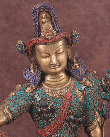 Brass Seated Indra Statue with Nepalese Copper Wire Inlay - 12" - Budhshiv.com