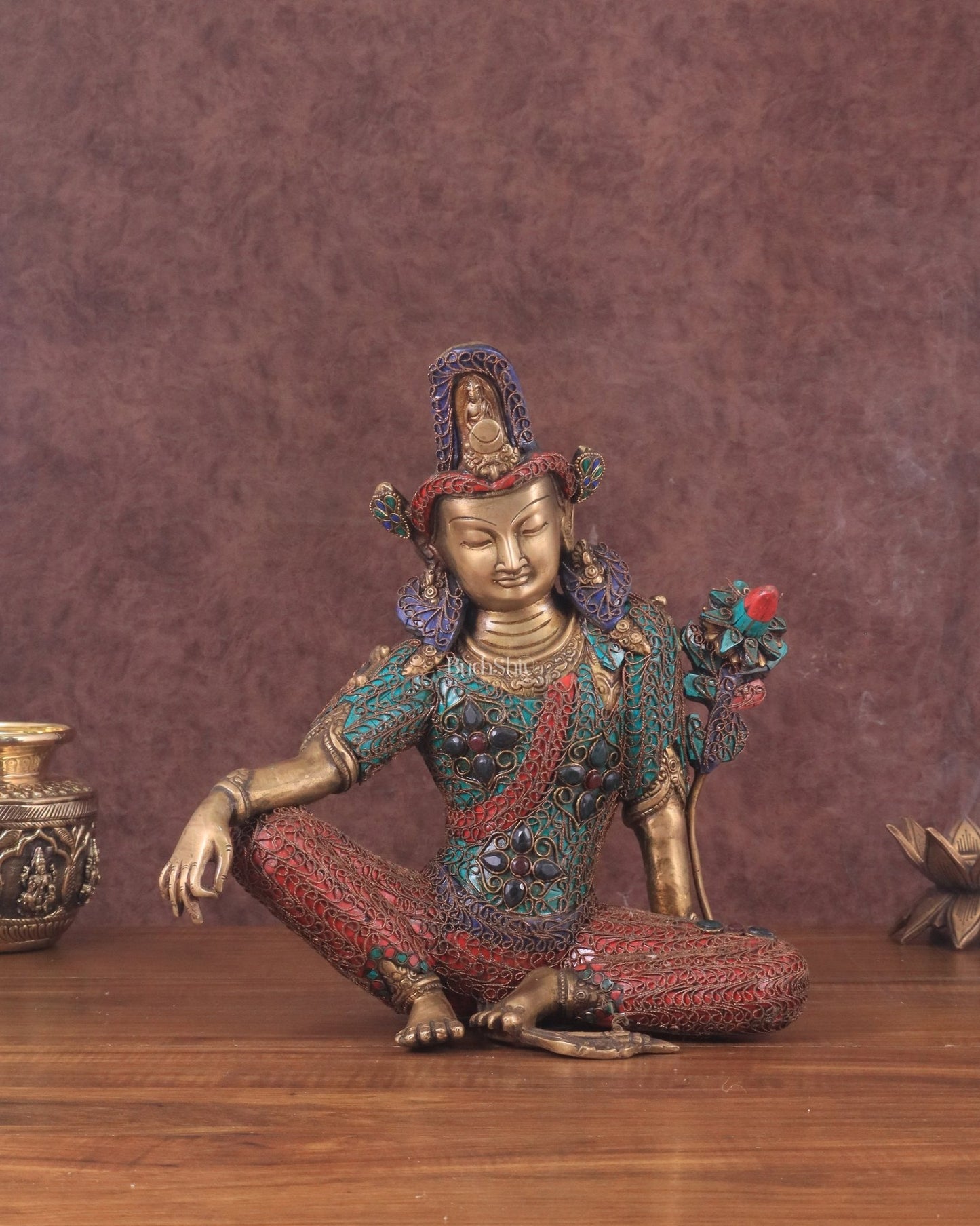 Brass Seated Indra Statue with Nepalese Copper Wire Inlay - 12" - Budhshiv.com
