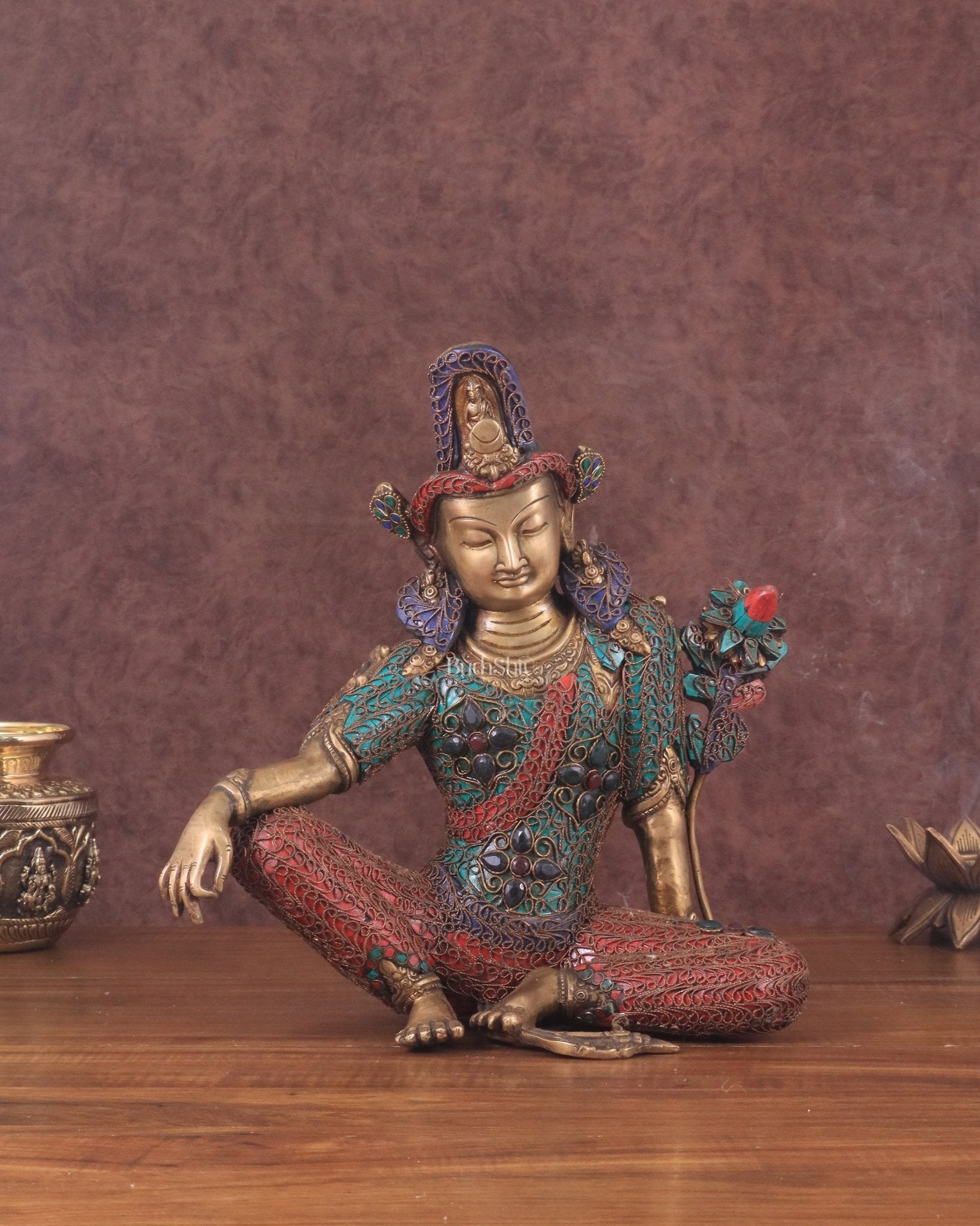 Brass Seated Indra Statue with Nepalese Copper Wire Inlay - 12" - Budhshiv.com