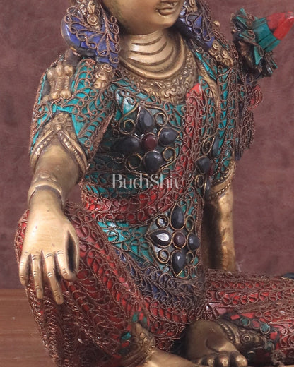 Brass Seated Indra Statue with Nepalese Copper Wire Inlay - 12" - Budhshiv.com