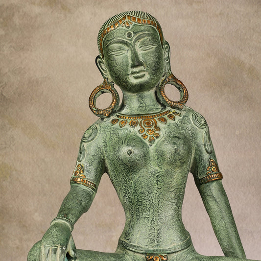 Brass Seated Nepalese Green Tara Idol – 10.5 Inch, - Antique Patina Hues | - Budhshiv.com