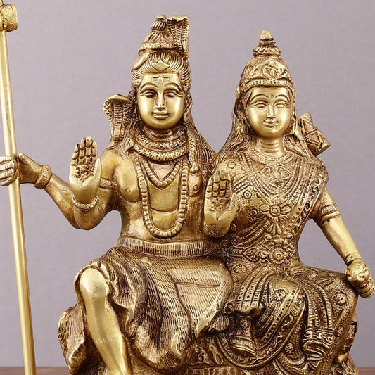 Brass Seated Shiv Parvati Idol – 9 inch matte finish - Budhshiv.com