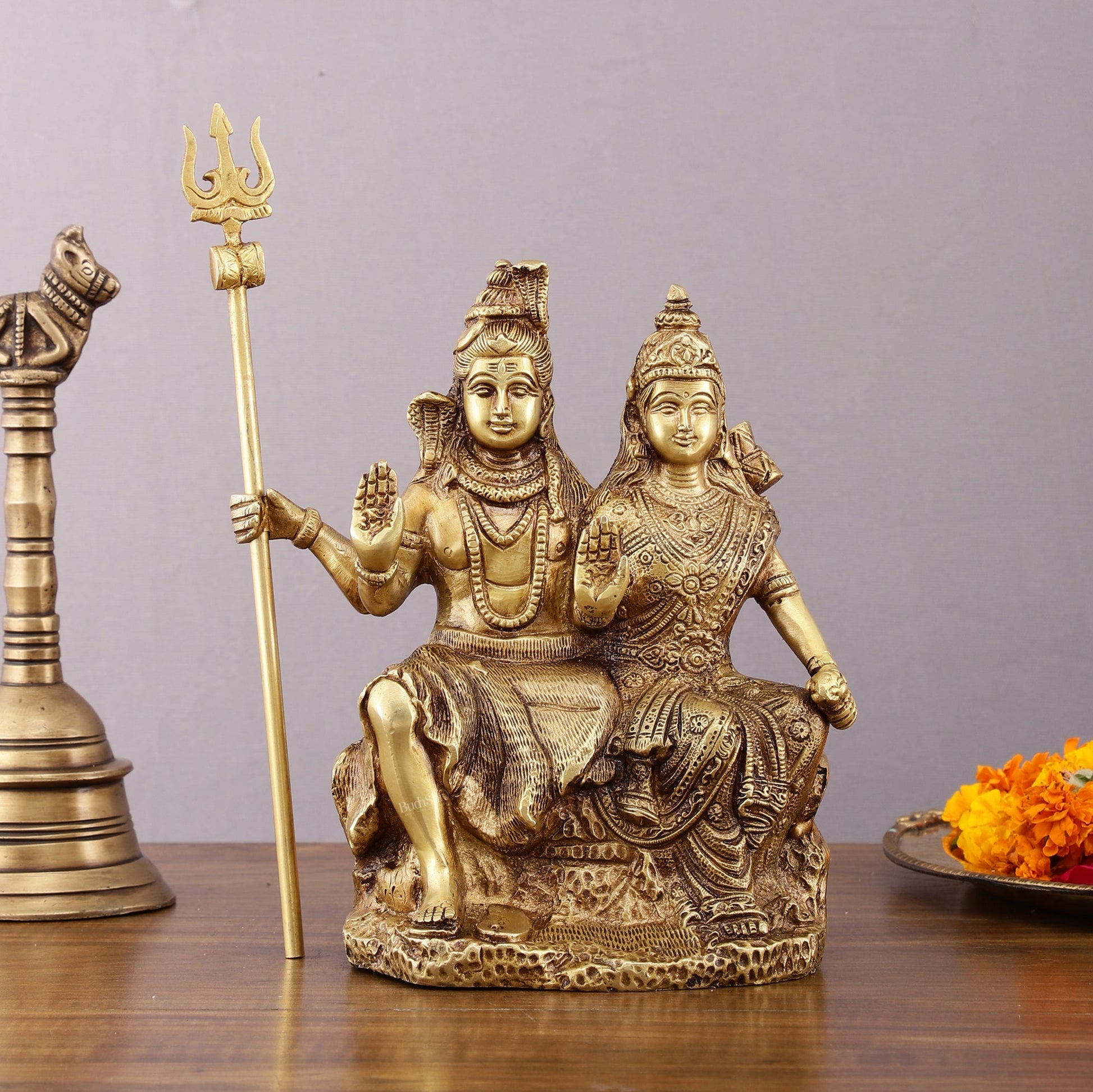 Brass Seated Shiv Parvati Idol – 9 inch matte finish - Budhshiv.com