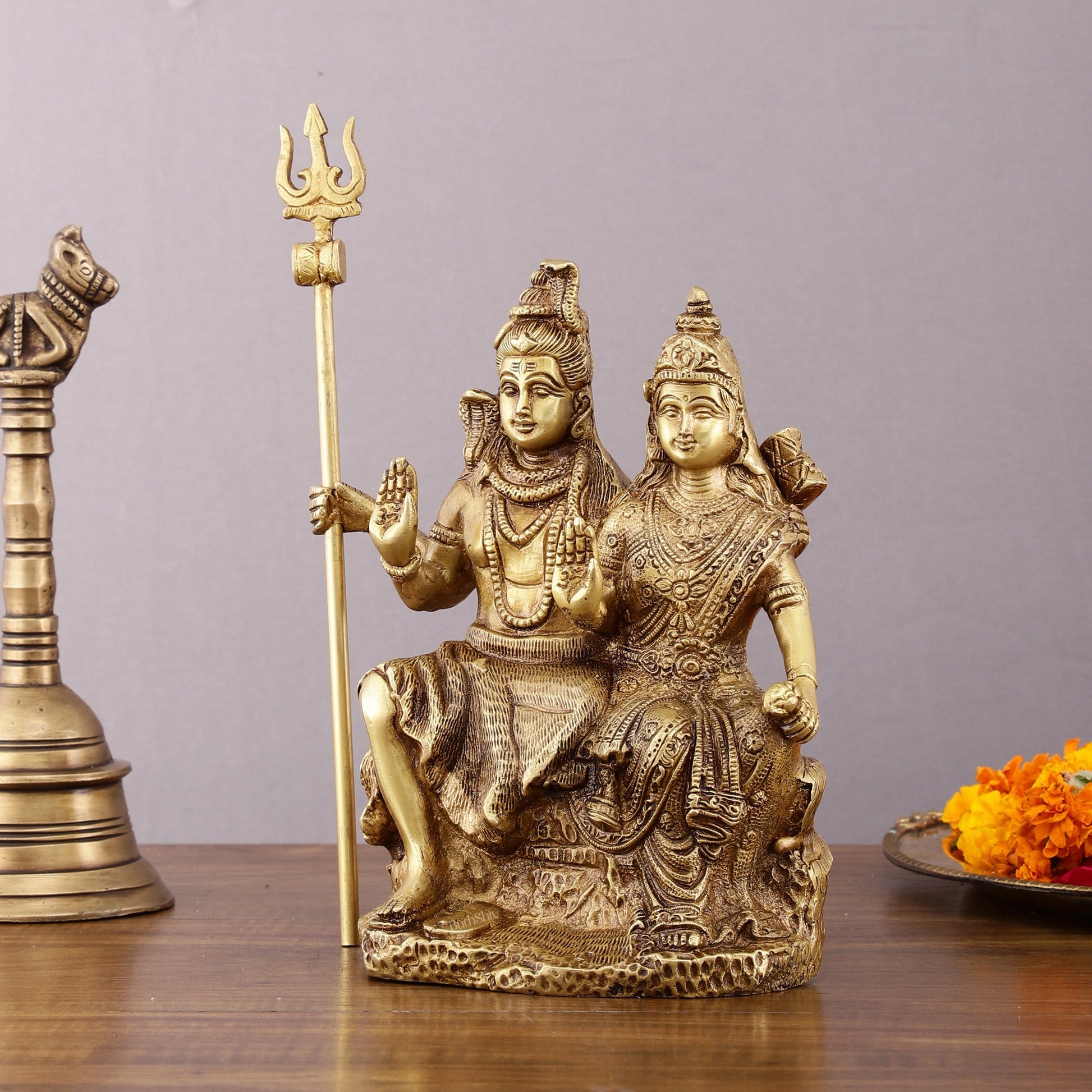 Brass Seated Shiv Parvati Idol – 9 inch matte finish - Budhshiv.com