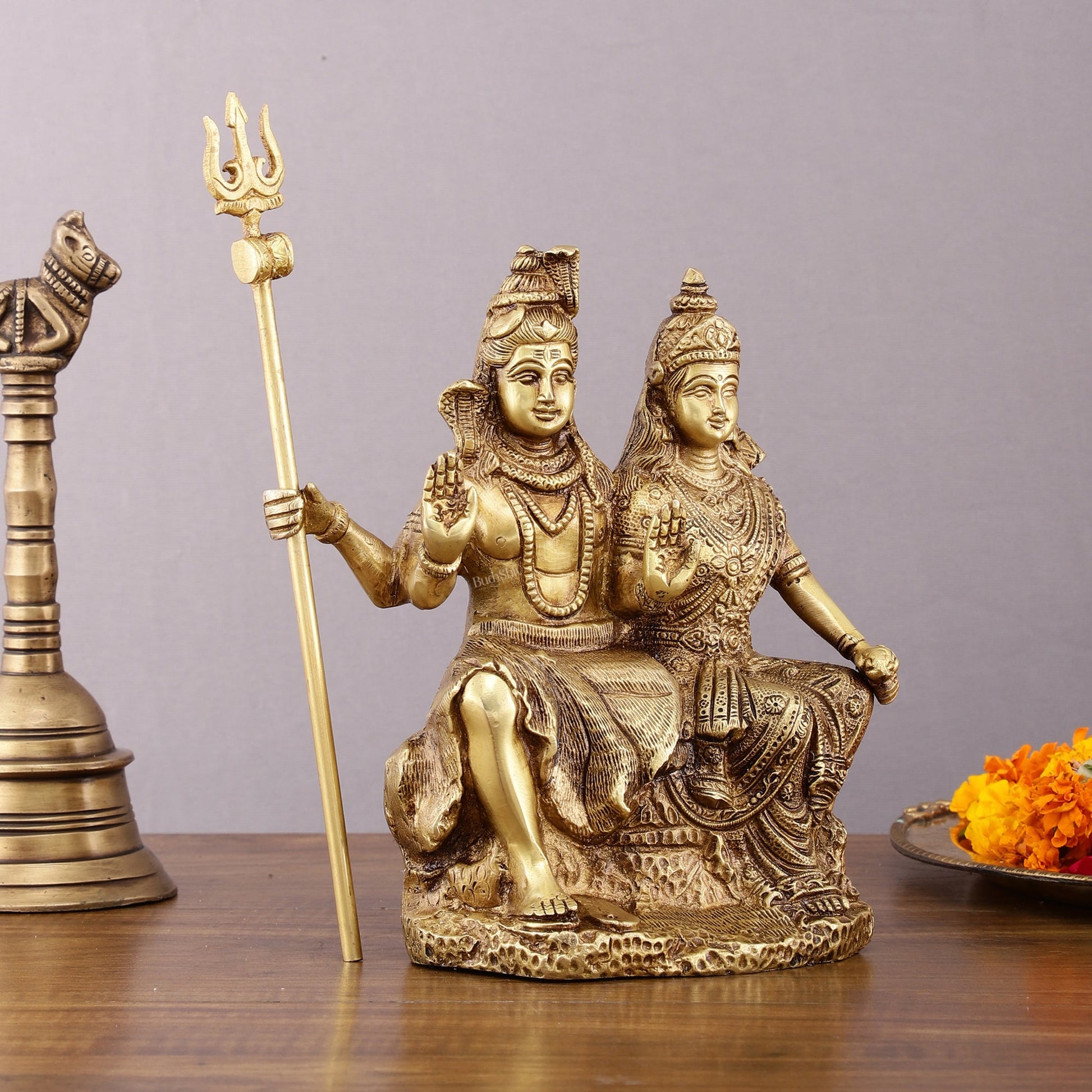 Brass Seated Shiv Parvati Idol – 9 inch matte finish - Budhshiv.com