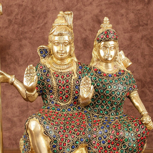 Brass Seated Shiv Parvati Idol with Stonework - 9" - Budhshiv.com