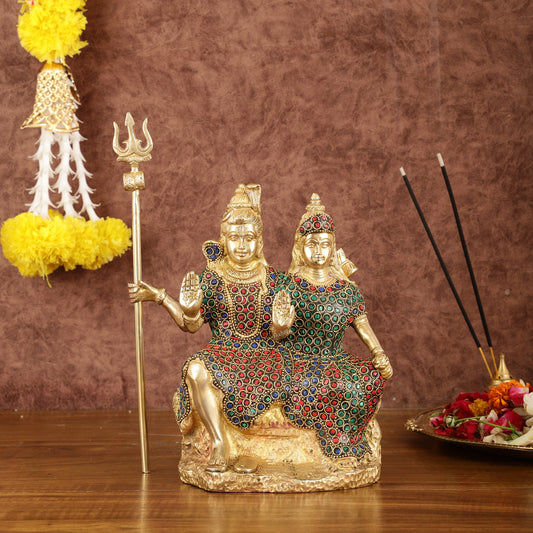 Brass Seated Shiv Parvati Idol with Stonework - 9" - Budhshiv.com