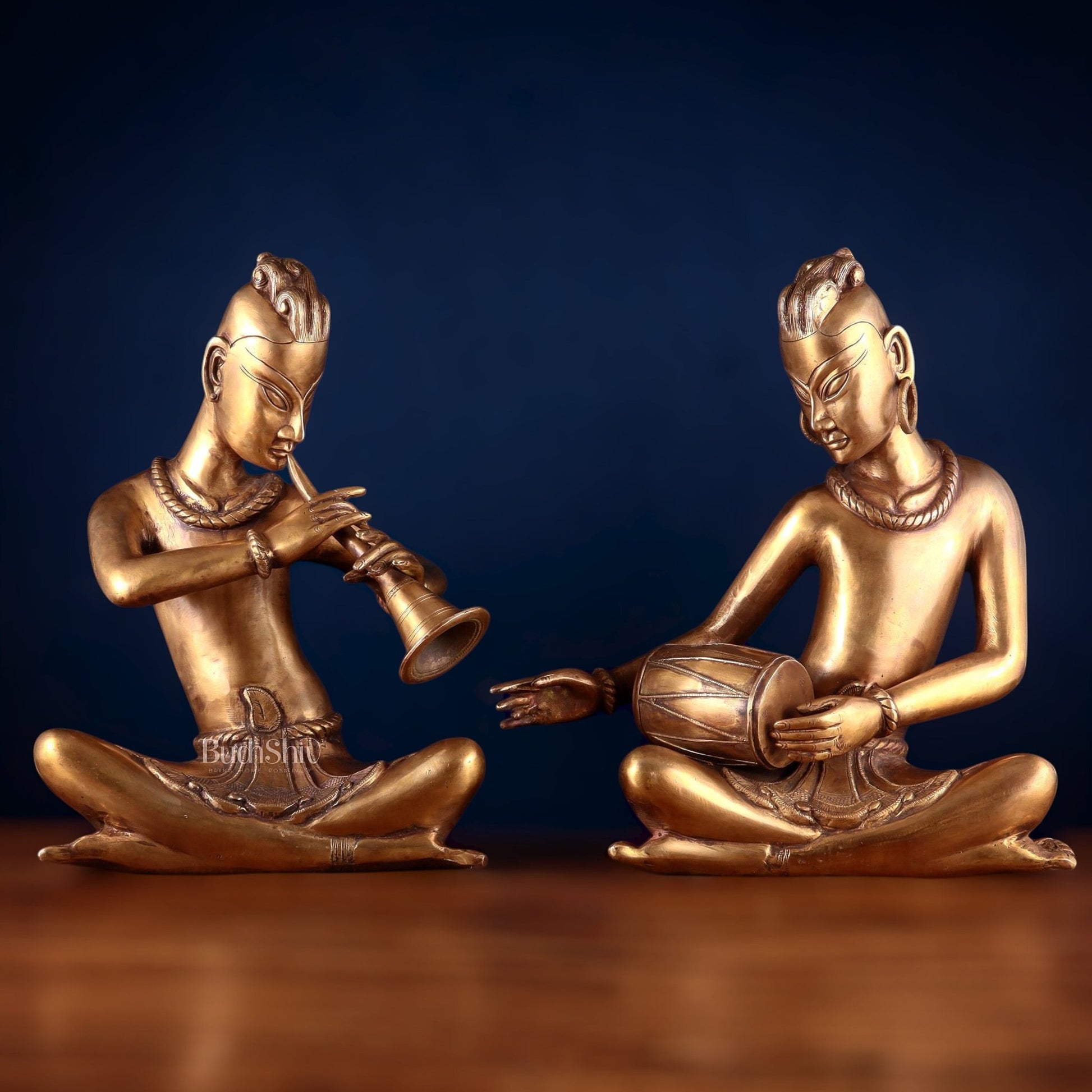 Brass Set of 2 Tansen Musicians – 18 Inch shehnai and dholak player - Budhshiv.com