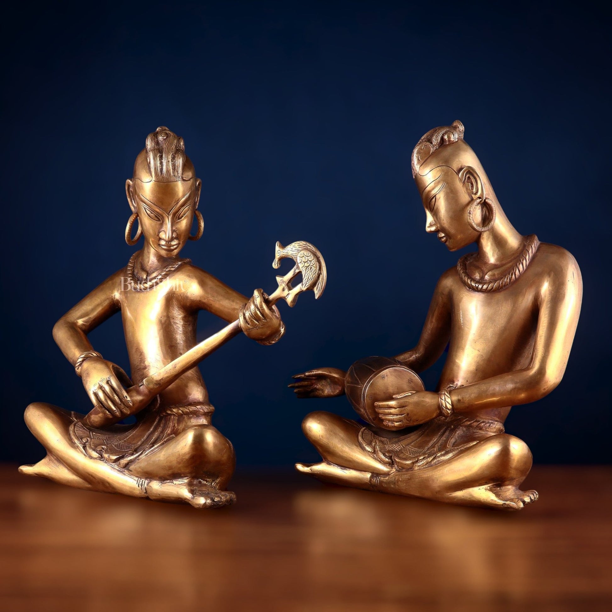 Brass Set of 2 Tansen Musicians – 18 Inch sitar and dholak player - Budhshiv.com