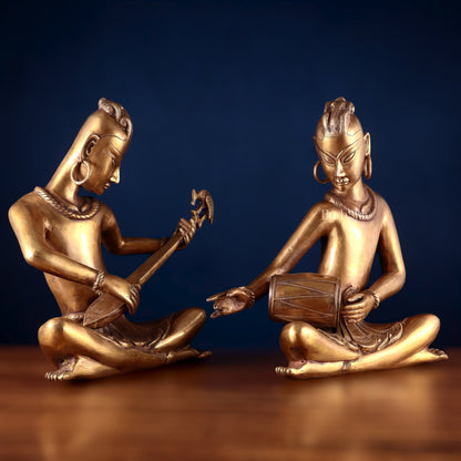 Brass Set of 2 Tansen Musicians – 18 Inch sitar and dholak player - Budhshiv.com