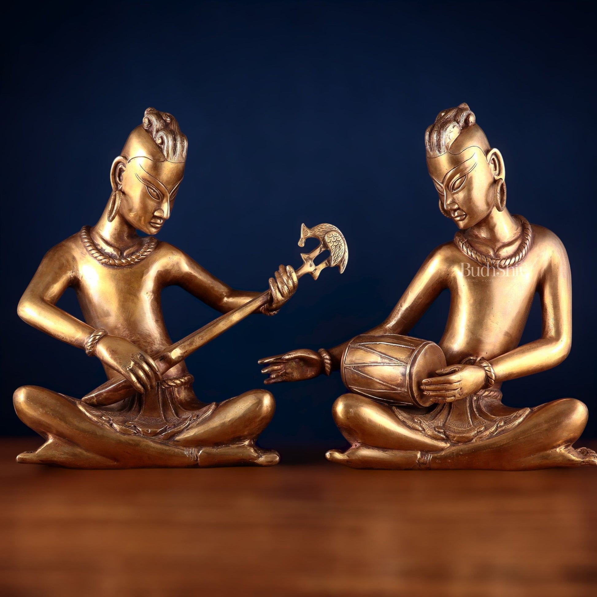 Brass Set of 2 Tansen Musicians – 18 Inch sitar and dholak player - Budhshiv.com