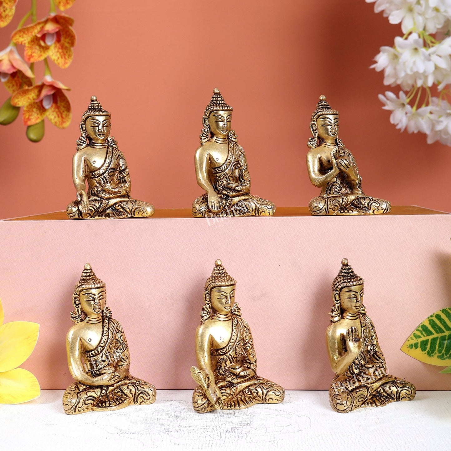 Brass Set of 6 Miniature Buddha Idols – Fully Carved Mudra Collection 3" - Budhshiv.com