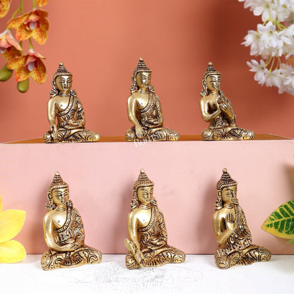 Brass Set of 6 Miniature Buddha Idols – Fully Carved Mudra Collection 3" - Budhshiv.com