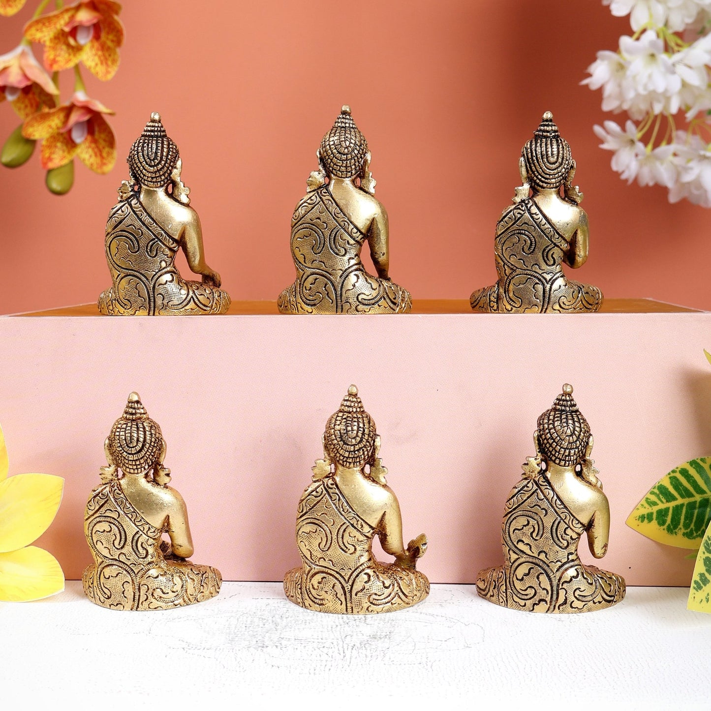 Brass Set of 6 Miniature Buddha Idols – Fully Carved Mudra Collection 3" - Budhshiv.com