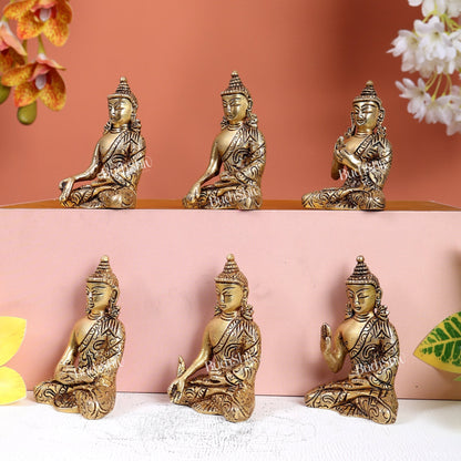 Brass Set of 6 Miniature Buddha Idols – Fully Carved Mudra Collection 3" - Budhshiv.com