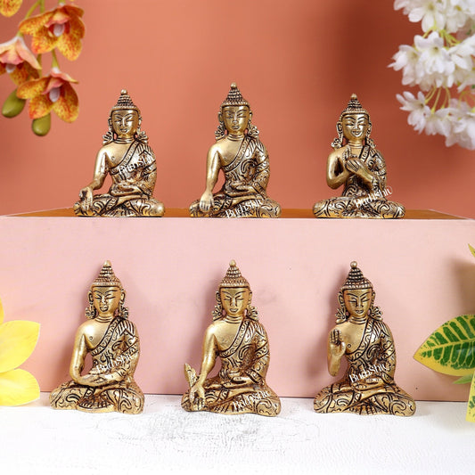 Brass Set of 6 Miniature Buddha Idols – Fully Carved Mudra Collection 3" - Budhshiv.com