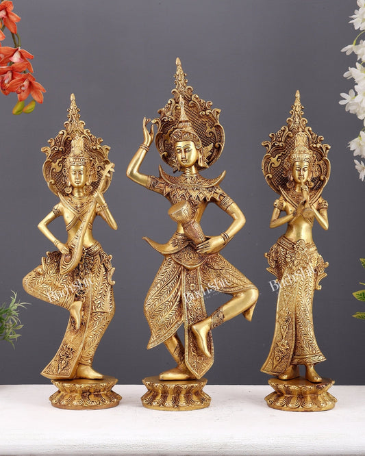 Brass Set of Thai Dancing Musician Ladies – Decorative Sculptures for Home Décor (21.5 Inches) - Budhshiv.com