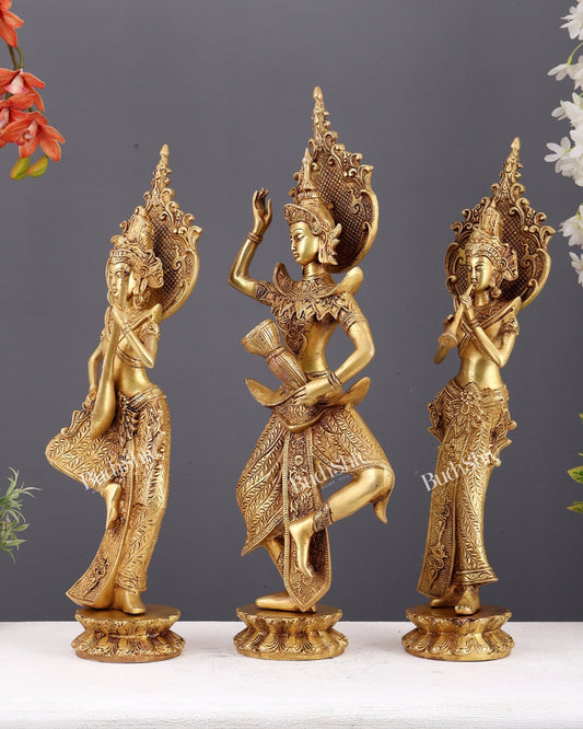 Brass Set of Thai Dancing Musician Ladies – Decorative Sculptures for Home Décor (21.5 Inches) - Budhshiv.com