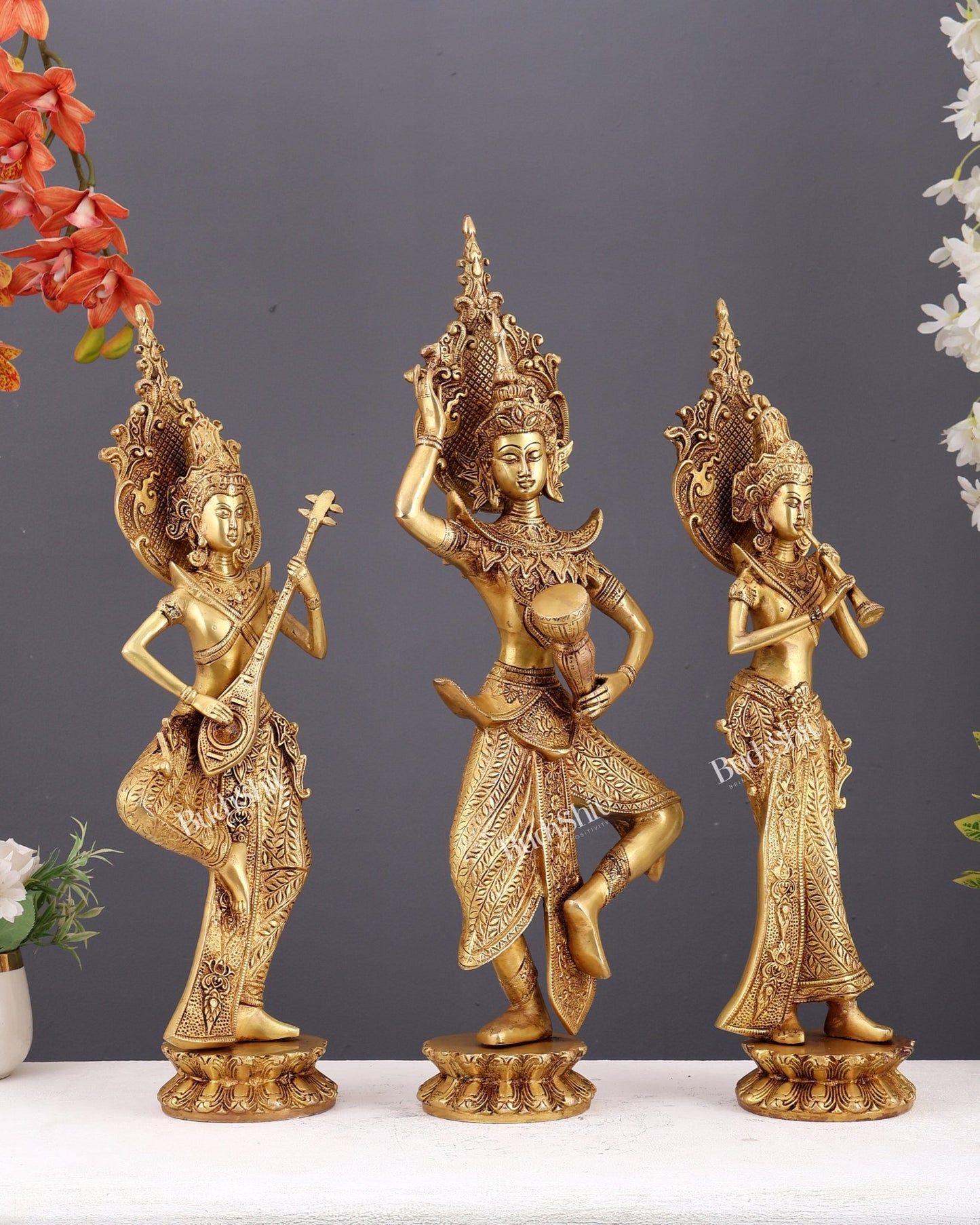 Brass Set of Thai Dancing Musician Ladies – Decorative Sculptures for Home Décor (21.5 Inches) - Budhshiv.com