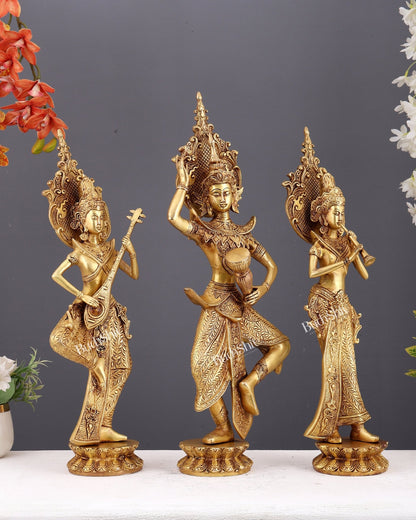 Brass Set of Thai Dancing Musician Ladies – Decorative Sculptures for Home Décor (21.5 Inches) - Budhshiv.com