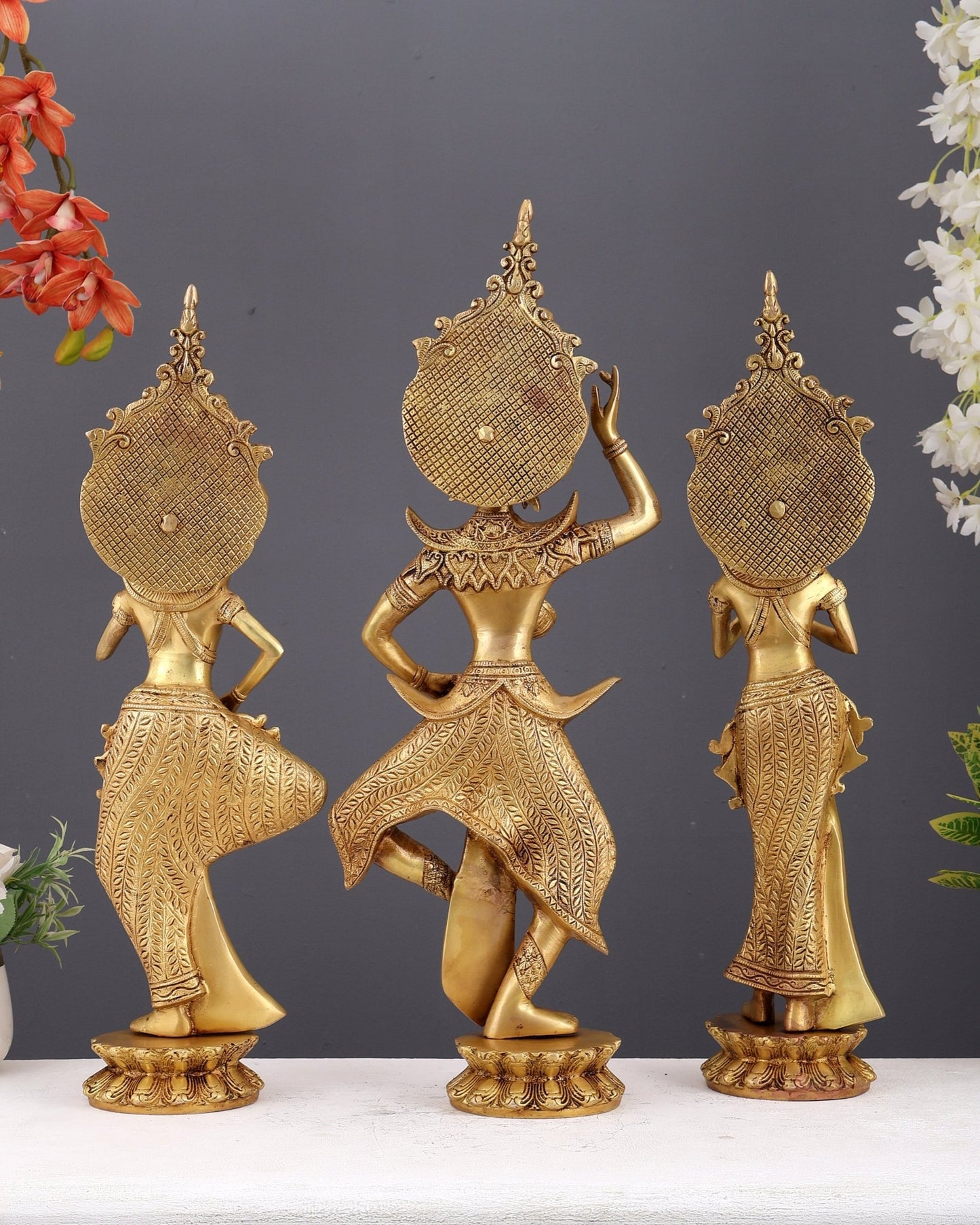 Brass Set of Thai Dancing Musician Ladies – Decorative Sculptures for Home Décor (21.5 Inches) - Budhshiv.com