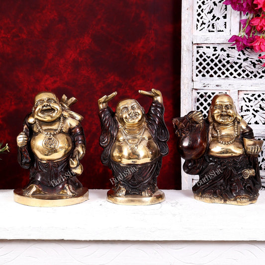 Brass Set of Three Laughing Buddhas — Feng Shui Approved Prosperity Showpieces 11 inch - Budhshiv.com
