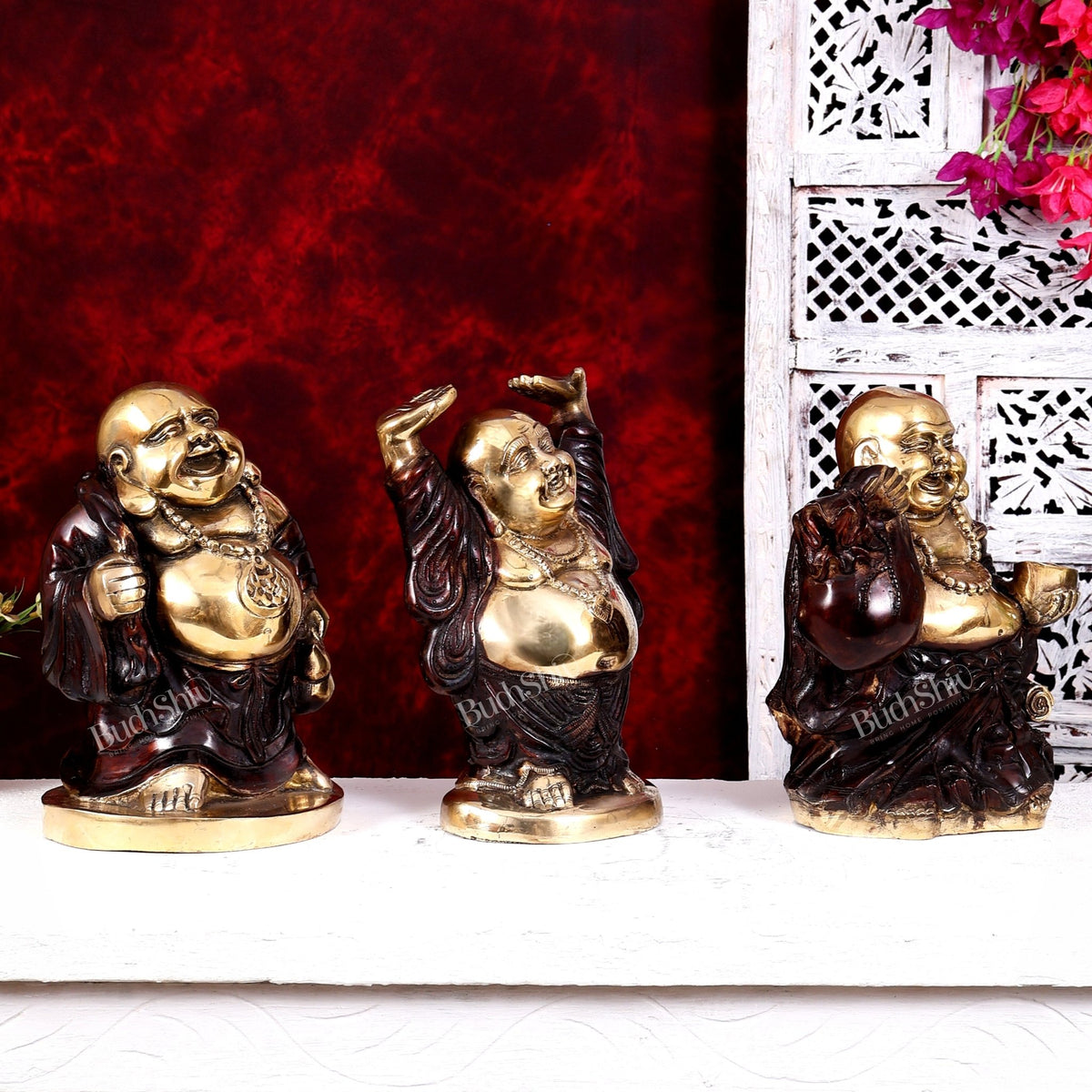 Brass Set of Three Laughing Buddhas — Feng Shui Approved Prosperity Showpieces 11 inch - Budhshiv.com