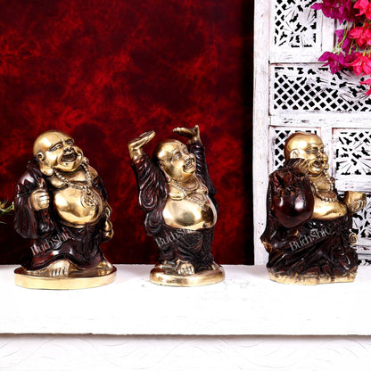Brass Set of Three Laughing Buddhas — Feng Shui Approved Prosperity Showpieces 11 inch - Budhshiv.com