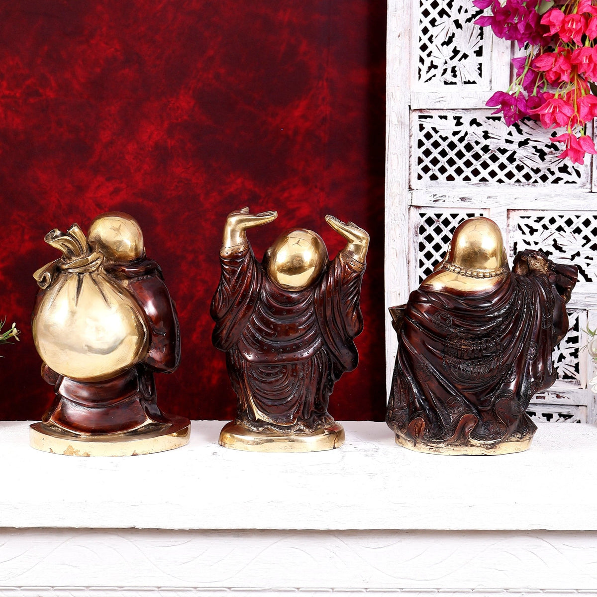 Brass Set of Three Laughing Buddhas — Feng Shui Approved Prosperity Showpieces 11 inch - Budhshiv.com