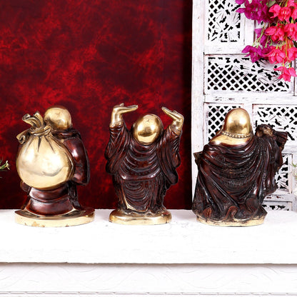 Brass Set of Three Laughing Buddhas — Feng Shui Approved Prosperity Showpieces 11 inch - Budhshiv.com