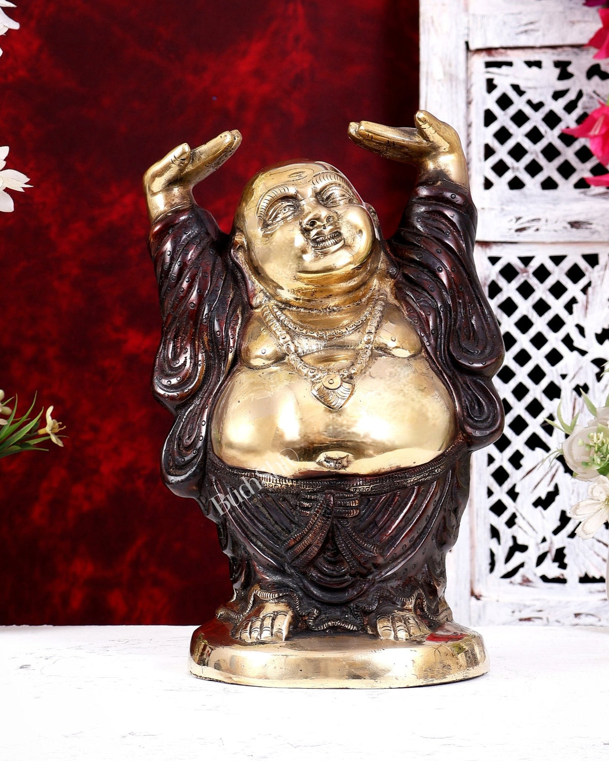 Brass Set of Three Laughing Buddhas — Feng Shui Approved Prosperity Showpieces 11 inch - Budhshiv.com