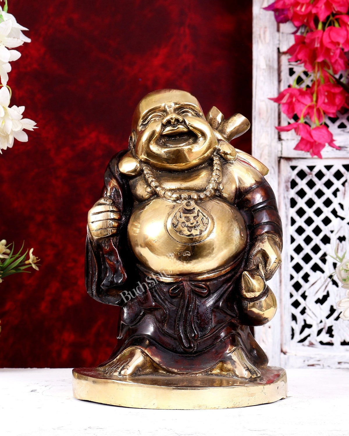 Brass Set of Three Laughing Buddhas — Feng Shui Approved Prosperity Showpieces 11 inch - Budhshiv.com