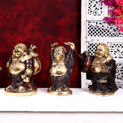 Brass Set of Three Laughing Buddhas — Feng Shui Approved Prosperity Showpieces 11 inch - Budhshiv.com