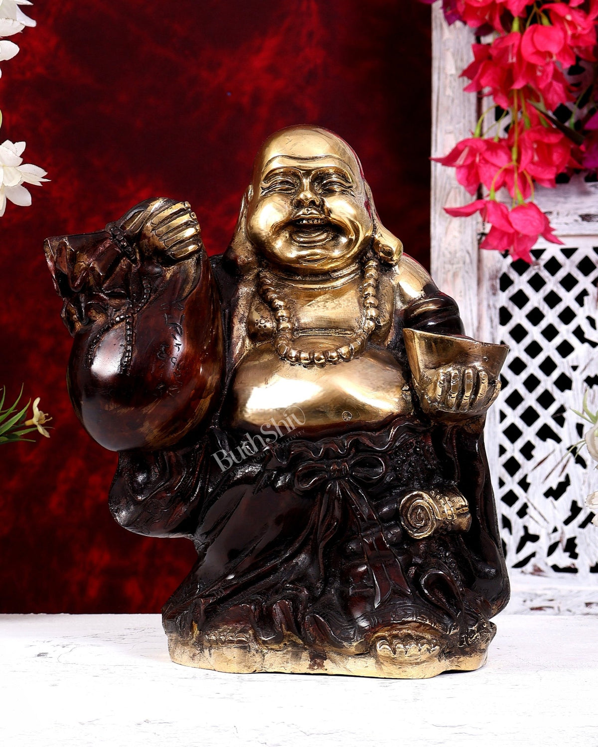 Brass Set of Three Laughing Buddhas — Feng Shui Approved Prosperity Showpieces 11 inch - Budhshiv.com
