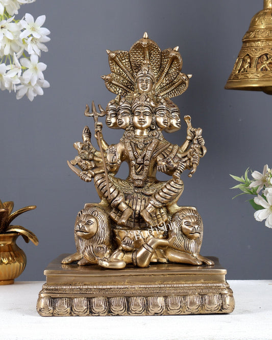 Brass Shadanana Durga / Shanmukhi Durga (six - faced Durga) Durga with Naga Aura and Lions Statue – Divine Shakti Idol 12 Inch - Budhshiv.com