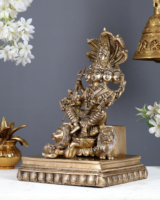 Brass Shadanana Durga / Shanmukhi Durga (six - faced Durga) Durga with Naga Aura and Lions Statue – Divine Shakti Idol 12 Inch - Budhshiv.com