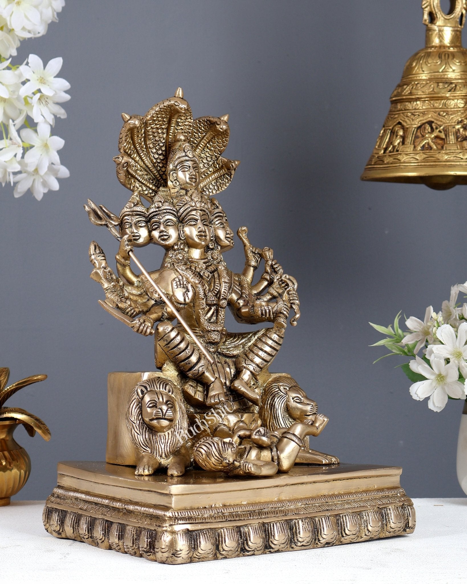 Brass Shadanana Durga / Shanmukhi Durga (six - faced Durga) Durga with Naga Aura and Lions Statue – Divine Shakti Idol 12 Inch - Budhshiv.com