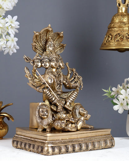 Brass Shadanana Durga / Shanmukhi Durga (six - faced Durga) Durga with Naga Aura and Lions Statue – Divine Shakti Idol 12 Inch - Budhshiv.com