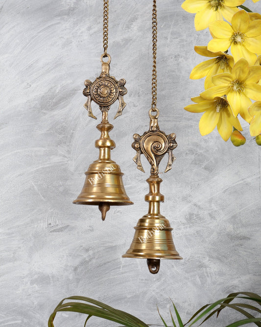 Brass Shankh Chakra Hanging Bell Pair | Vishnu Symbol Temple Bells with Chain - Budhshiv.com